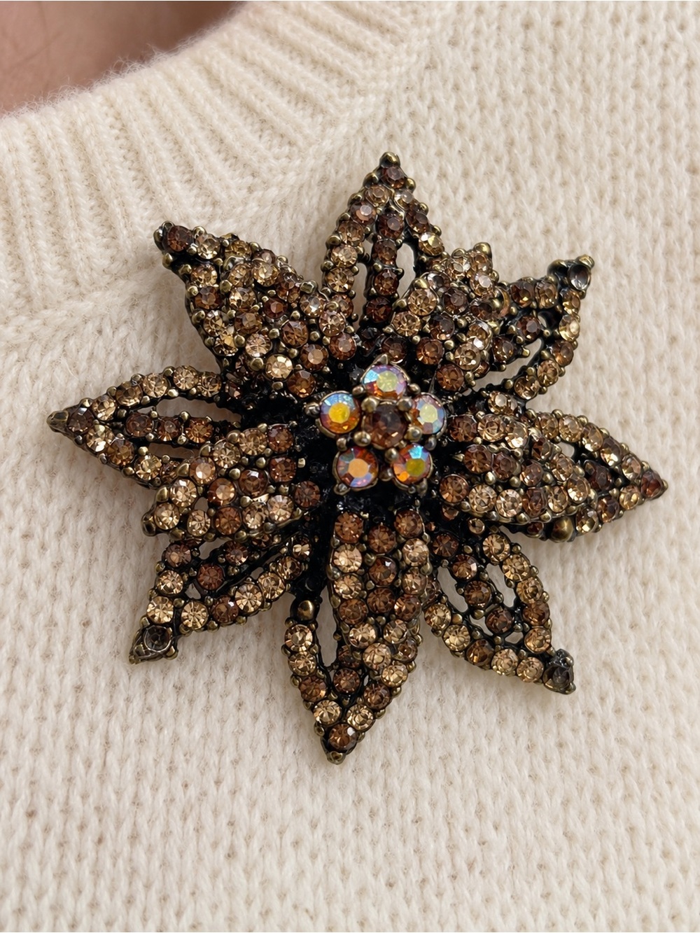Vintage Champagne and Topaz AB Rhinestone Starburst Brooch